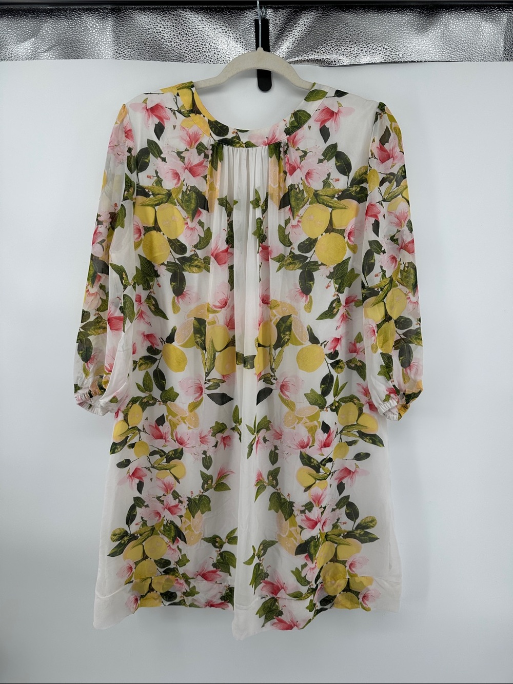 EvaMendes fromNY&C Euro Summer Cottagecore White Sheer Lemon&Floral L/SDress SzL